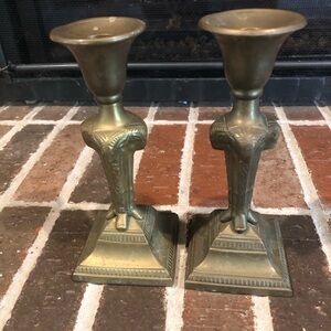 unique design pair of vintage brass candlestick holders 8” tall each